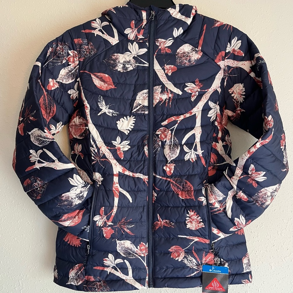 NEW Columbia WHITE OUT HOODED Jacket Omni-Heat Women Sz Medium Blue FLORAL NWT